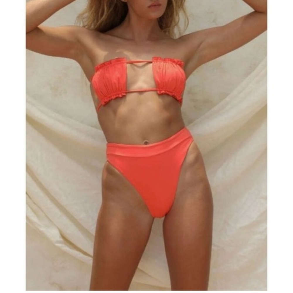 Free People x Toast Swim Signature Ruffle Bandeau Bikini Top Tiger Orange Size S